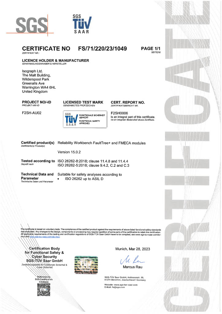 Reliability Workbench ISO 26262 Certificate